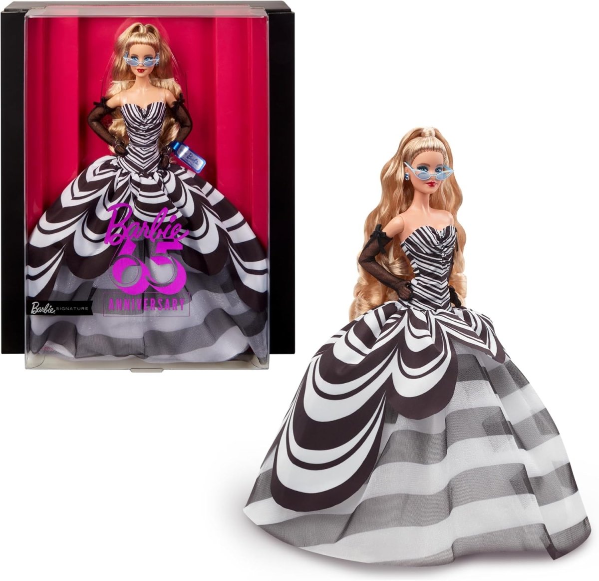 Barbie Signature-Puppe, Sammelfigur zum 65. Jubiläum mit blonden Haaren, schwarz-weißer Robe