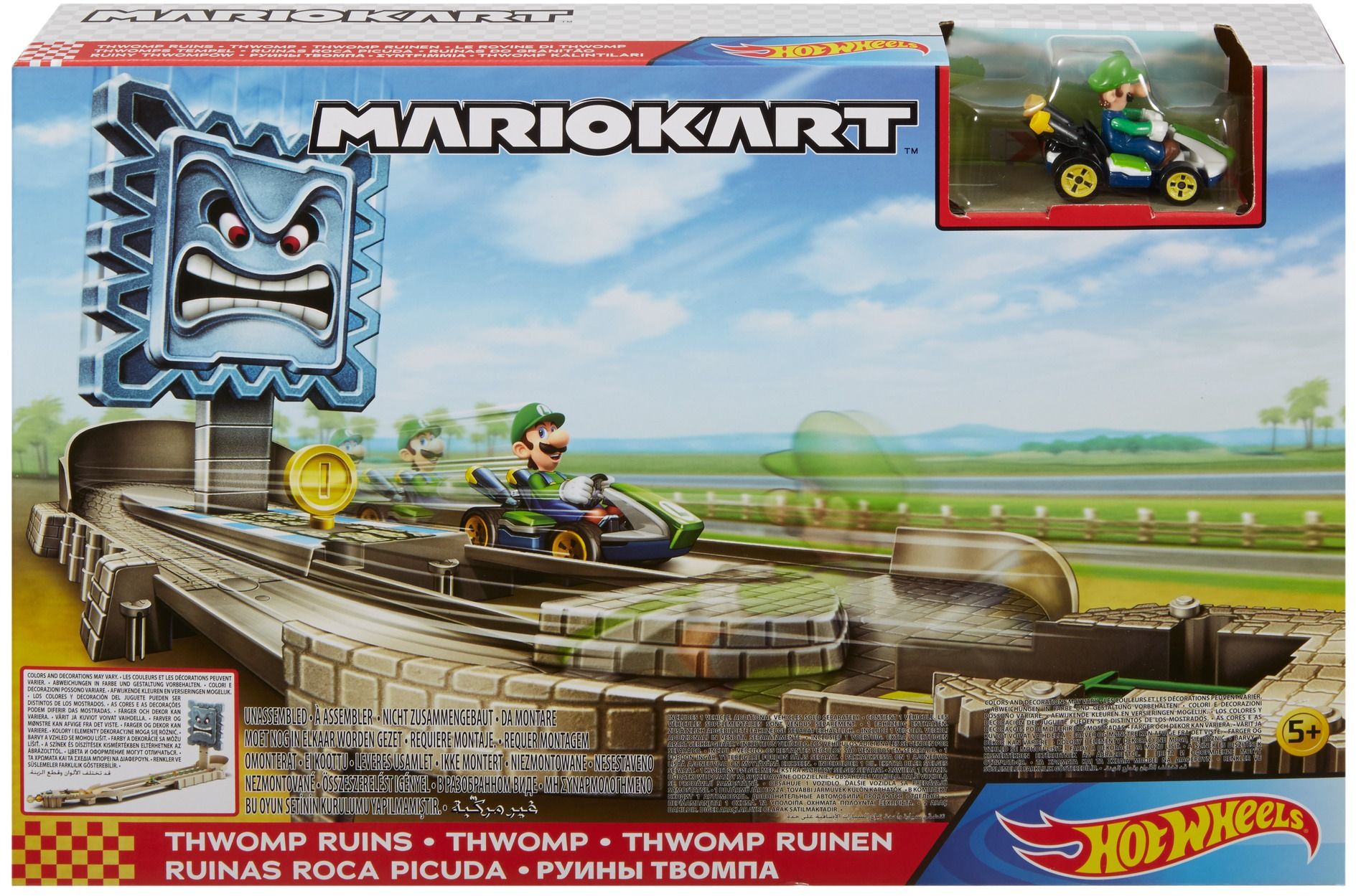 Mattel - Hot Wheels Mario Kart Steinblock-Ruinen-Trackset inkl. 1 Spielzeugauto, Rennbahn Zubehör