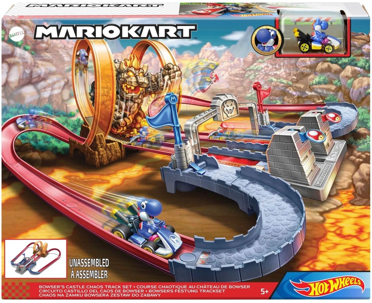 Mattel - Hot Wheels Mario Kart Bowsers Festung Track-Set inkl. Spielzeugauto, Autorennbahn