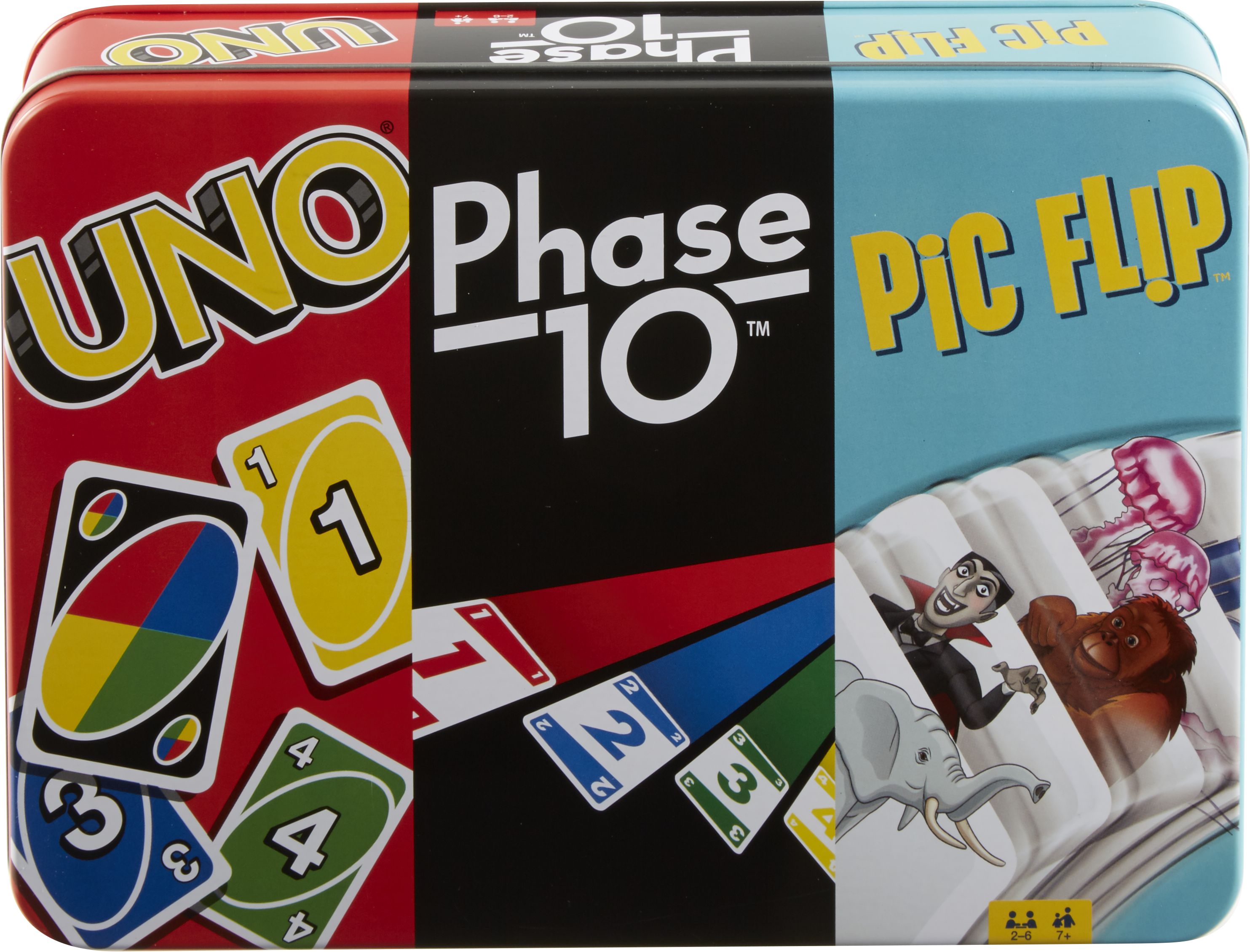 Mattel Games - Kartenspiel-Klassiker in Metalldose: UNO, Phase 10, Pic Flip