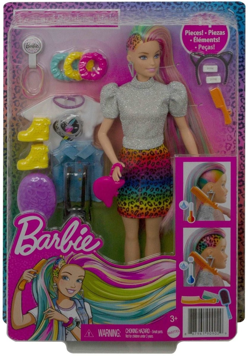 Mattel - Barbie - Leoparden Regenbogen-Haar Puppe mit Farbwechseleffekt - Puppe
