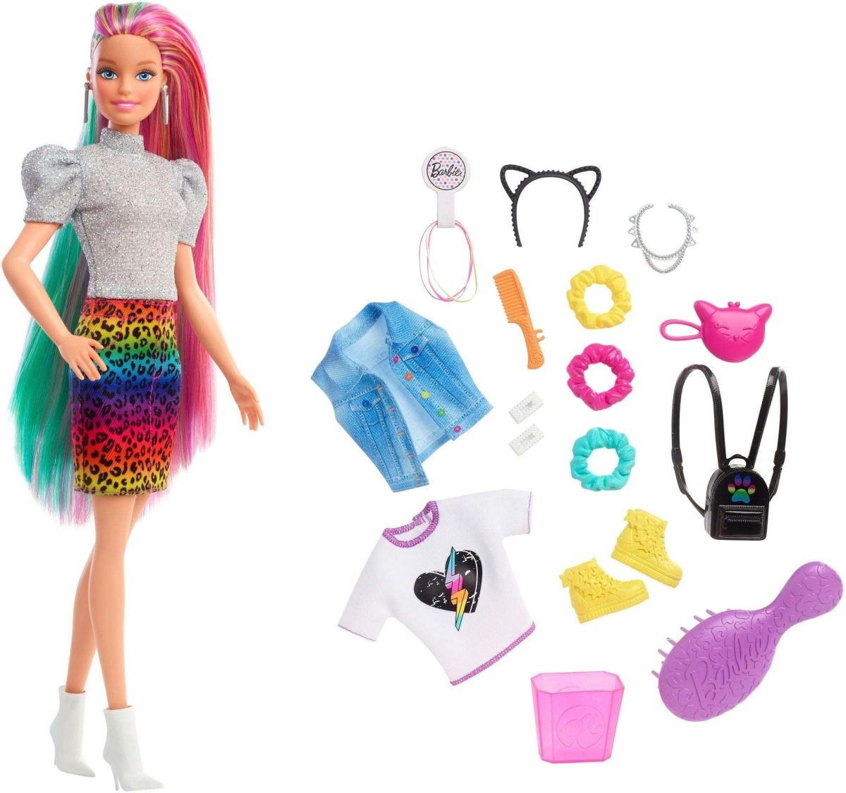 Mattel - Barbie - Leoparden Regenbogen-Haar Puppe mit Farbwechseleffekt - Puppe