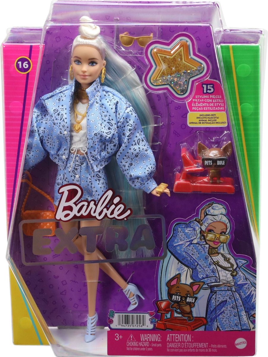 Mattel - Barbie Extra Puppe mit hellblauem Rock und Jacke.