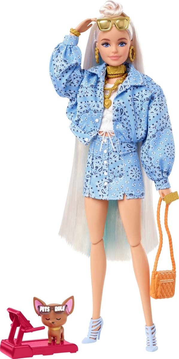 Mattel - Barbie Extra Puppe mit hellblauem Rock und Jacke.
